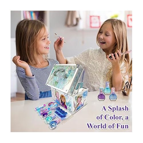  Disney Frozen Train Case Girls Beauty Set, Kids Makeup Kit for Girls, Real Washable Toy Makeup Set, Frozen Gift, Play Makeup, Pretend Play, Party Favor, Birthday, Toys Ages 3 4 5 6 7 8 9 10 11 12