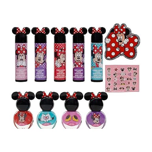  Townley Girl Disney Minnie Mouse Sparkly Cosmetic Makeup Set for Girls with Lip Balm Nail Polish Nail Stickers-35 Pcs|Perfect for Parties Sleepovers Makeovers|Birthday Gift for Girls above 3 Yrs, Kid
