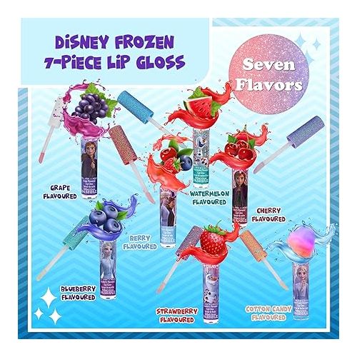  Townley Girl Disney Frozen Plant Based Vegan 7 PC Flavored Lip Gloss Set For Girls ? Ideal for Sleepovers, Makeovers, Party Favors and Birthday Gifts! - Age: 3+