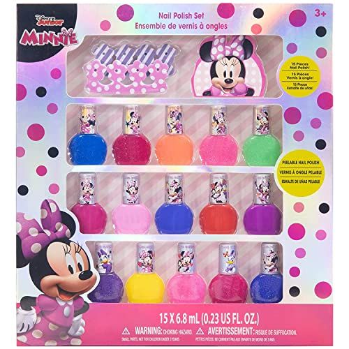  Disney Minnie Mouse Townley Girl Non Toxic Water Based Peel Off Nail Polish Set with Glittery and Opaque Colors for Girl Kid Teen Toddler Ages 3+, Perfect for Parties, Sleepovers