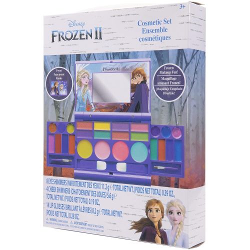  Disney Frozen 2 Townley Girl Cosmetic Compact Set with Mirror 14 lip glosses, 4 Body Shines, 6 Brushes Colorful Portable Foldable Washable Make Up Beauty Kit Box Set for Girls Ki