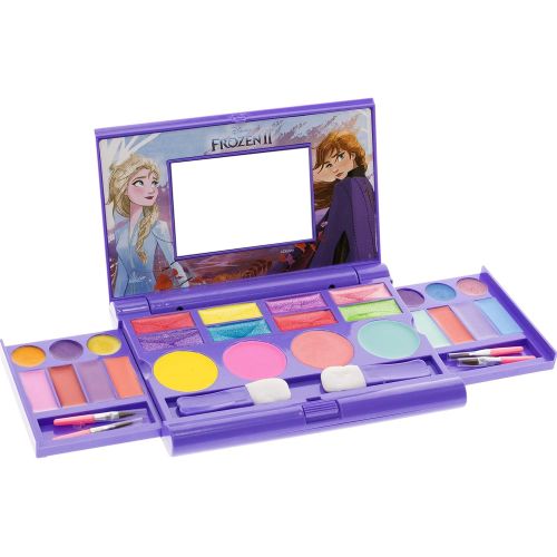  Disney Frozen 2 Townley Girl Cosmetic Compact Set with Mirror 14 lip glosses, 4 Body Shines, 6 Brushes Colorful Portable Foldable Washable Make Up Beauty Kit Box Set for Girls Ki