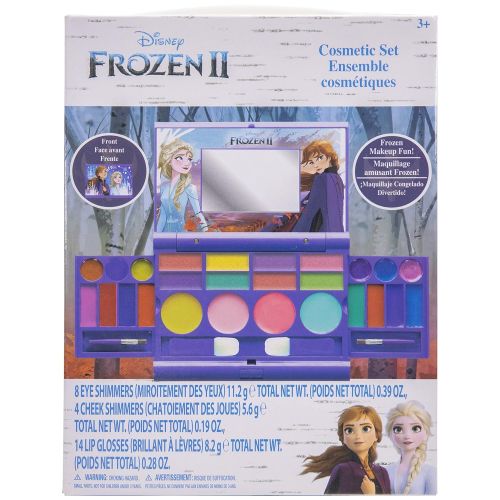  Disney Frozen 2 Townley Girl Cosmetic Compact Set with Mirror 14 lip glosses, 4 Body Shines, 6 Brushes Colorful Portable Foldable Washable Make Up Beauty Kit Box Set for Girls Ki