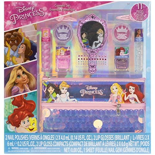  Disney Princess Townley Girl Washable Makeup Set with 11 Pieces, Including Lip Gloss, Nail Polish, Mirror, Gem Stickers and Sequin Holographic Bag, Ages 3+ for Parties, Sleepover