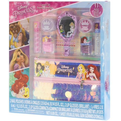  Disney Princess Townley Girl Washable Makeup Set with 11 Pieces, Including Lip Gloss, Nail Polish, Mirror, Gem Stickers and Sequin Holographic Bag, Ages 3+ for Parties, Sleepover