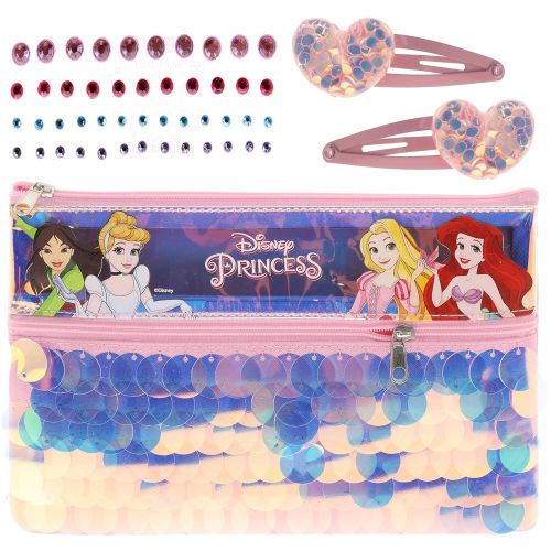  Disney Princess Townley Girl Washable Makeup Set with 11 Pieces, Including Lip Gloss, Nail Polish, Mirror, Gem Stickers and Sequin Holographic Bag, Ages 3+ for Parties, Sleepover