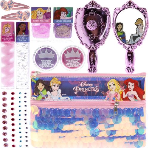  Disney Princess Townley Girl Washable Makeup Set with 11 Pieces, Including Lip Gloss, Nail Polish, Mirror, Gem Stickers and Sequin Holographic Bag, Ages 3+ for Parties, Sleepover
