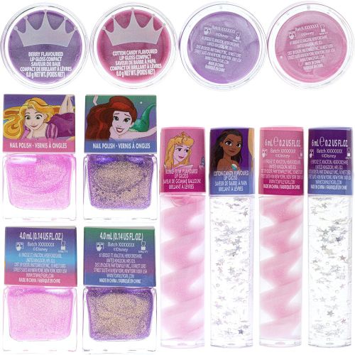  Disney Princess Townley Girl Washable Makeup Set with 11 Pieces, Including Lip Gloss, Nail Polish, Mirror, Gem Stickers and Sequin Holographic Bag, Ages 3+ for Parties, Sleepover