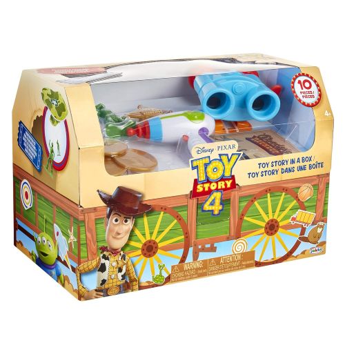  Toy Story 4 Trunk, Woody in A Box - 10Piece Toy Chest - Includes Lenny The Binoculars, Buzz Lightyear Laser Blaster, Woodys Roundup Map & More!