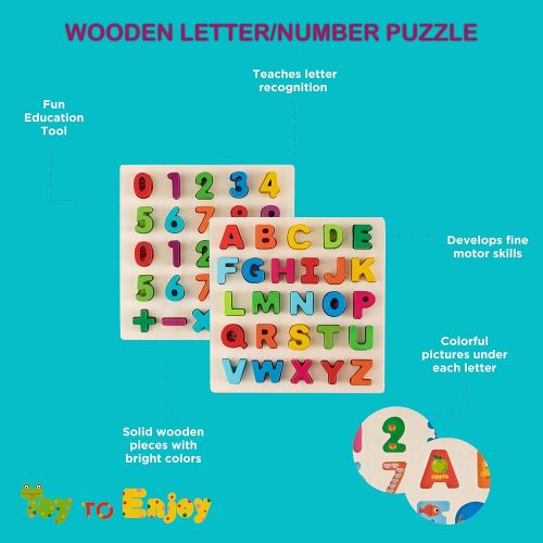  Toy-To-Enjoy Alphabet Puzzles - Wooden Upper Case Letter and Number Learning Board Toy - Ideal for Early Educational Learning for Kindergarten Toddlers & Preschools