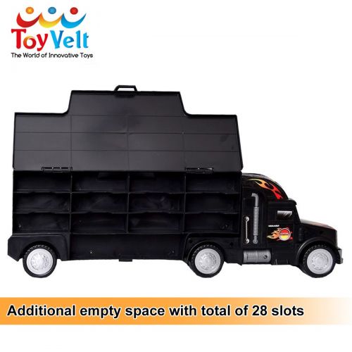  ToyVelt Toy Truck Transport Car Carrier Toy for Boys and Girls age 3 - 10 yrs old - Hauler Truck Includes 6 Toy Cars and Accessories - Car Truck Fits 28 Car Slots - Ideal Gift For Kids