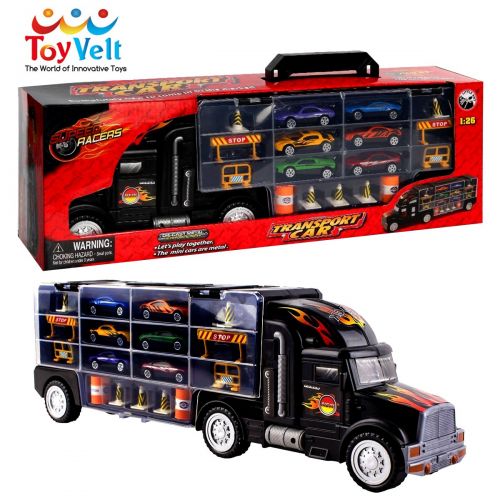  ToyVelt Toy Truck Transport Car Carrier Toy for Boys and Girls age 3 - 10 yrs old - Hauler Truck Includes 6 Toy Cars and Accessories - Car Truck Fits 28 Car Slots - Ideal Gift For Kids