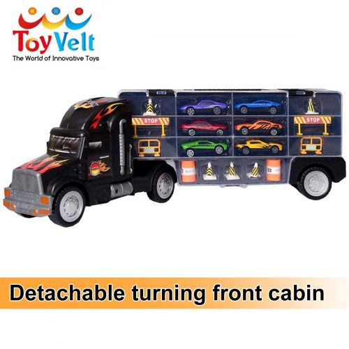  ToyVelt Toy Truck Transport Car Carrier Toy for Boys and Girls age 3 - 10 yrs old - Hauler Truck Includes 6 Toy Cars and Accessories - Car Truck Fits 28 Car Slots - Ideal Gift For Kids