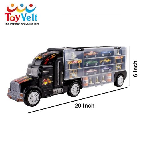  ToyVelt Toy Truck Transport Car Carrier Toy for Boys and Girls age 3 - 10 yrs old - Hauler Truck Includes 6 Toy Cars and Accessories - Car Truck Fits 28 Car Slots - Ideal Gift For Kids