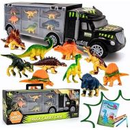 Dinosaur Toys for Kids 3-7. Dino Truck Carrier with 15 Figures + Bonus Book