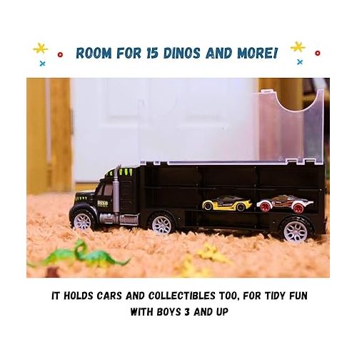  Dinosaur Toys for Kids 3-7. Dino Truck Carrier with 15 Figures + Bonus Book