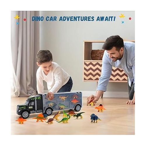  Dinosaur Toys for Kids 3-7. Dino Truck Carrier with 15 Figures + Bonus Book