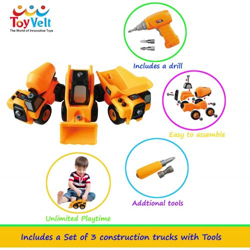 [아마존 핫딜]  [아마존핫딜]ToyVelt Construction Take Apart Trucks STEM Learning Toys, W Toy Drill - Dump Truck, Cement Truck & Digger Toy, with Drill Included, Great Gift for Boys & Girls Ages 3 - 12 Years O