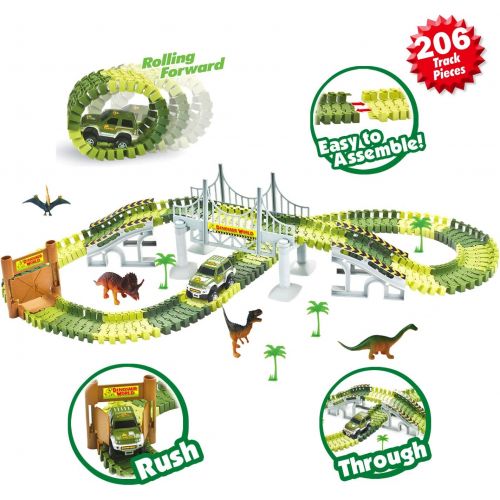  [아마존 핫딜] [아마존핫딜]ToyVelt Dinosaur Toys Race Track Toy Set - 206 Pieces Road Race-Flexible Track Set - Create a Road Toy Dinosaur World for Christmas & Birthday Gift for Boys & Girls Ages 3,4,5,6, Y