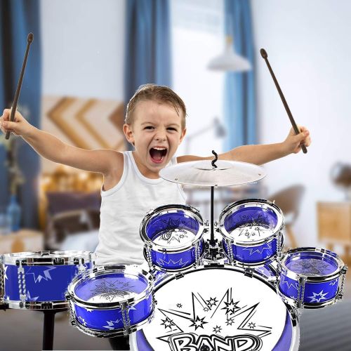  [아마존베스트]12 Piece Kids Jazz Drum Set  6 Drums, Cymbal, Chair, Kick Pedal, 2 Drumsticks, Stool  Little Rockstar Kit to Stimulating Children’s Creativity, - Ideal Gift Toy for Kids, Teens,