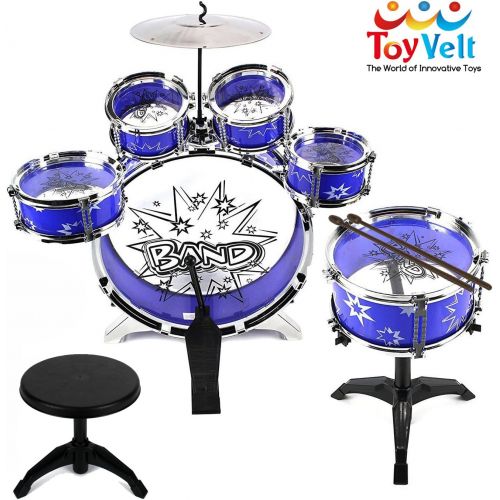  [아마존베스트]12 Piece Kids Jazz Drum Set  6 Drums, Cymbal, Chair, Kick Pedal, 2 Drumsticks, Stool  Little Rockstar Kit to Stimulating Children’s Creativity, - Ideal Gift Toy for Kids, Teens,