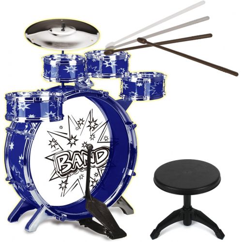  [아마존베스트]12 Piece Kids Jazz Drum Set  6 Drums, Cymbal, Chair, Kick Pedal, 2 Drumsticks, Stool  Little Rockstar Kit to Stimulating Children’s Creativity, - Ideal Gift Toy for Kids, Teens,