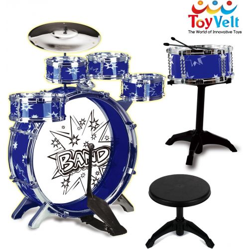  [아마존베스트]12 Piece Kids Jazz Drum Set  6 Drums, Cymbal, Chair, Kick Pedal, 2 Drumsticks, Stool  Little Rockstar Kit to Stimulating Children’s Creativity, - Ideal Gift Toy for Kids, Teens,