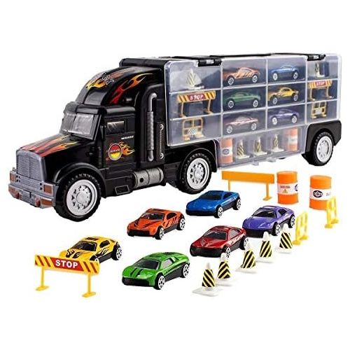  [아마존베스트]Toy Truck Transport Car Carrier Toy for Boys and Girls age 3 - 10 yrs old - Hauler Truck Includes 6 Toy Cars and Accessories - Car Truck Fits 28 Car Slots - Ideal Gift For Kids