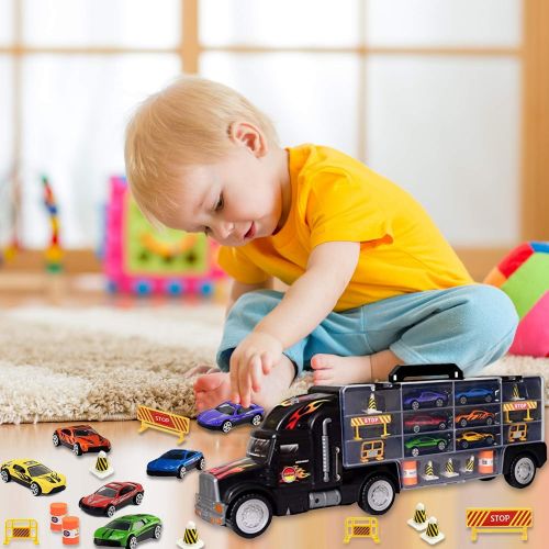  [아마존베스트]Toy Truck Transport Car Carrier Toy for Boys and Girls age 3 - 10 yrs old - Hauler Truck Includes 6 Toy Cars and Accessories - Car Truck Fits 28 Car Slots - Ideal Gift For Kids