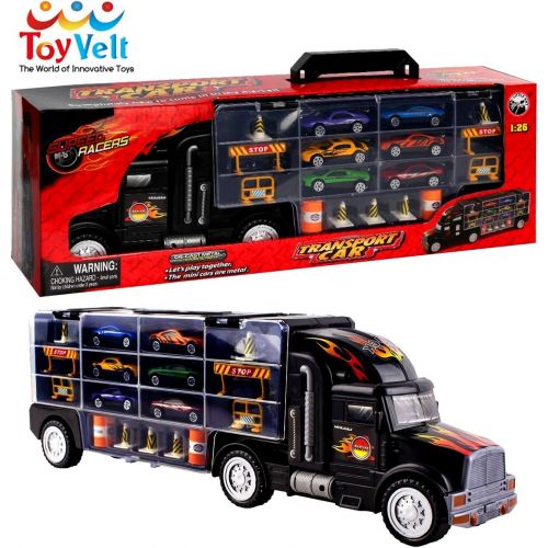  [아마존베스트]Toy Truck Transport Car Carrier Toy for Boys and Girls age 3 - 10 yrs old - Hauler Truck Includes 6 Toy Cars and Accessories - Car Truck Fits 28 Car Slots - Ideal Gift For Kids