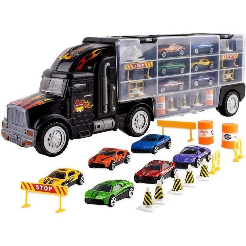  [아마존베스트]Toy Truck Transport Car Carrier Toy for Boys and Girls age 3 - 10 yrs old - Hauler Truck Includes 6 Toy Cars and Accessories - Car Truck Fits 28 Car Slots - Ideal Gift For Kids