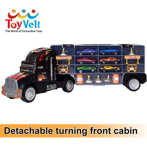  [아마존베스트]Toy Truck Transport Car Carrier Toy for Boys and Girls age 3 - 10 yrs old - Hauler Truck Includes 6 Toy Cars and Accessories - Car Truck Fits 28 Car Slots - Ideal Gift For Kids