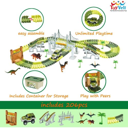  [아마존베스트]ToyVelt Dinosaur Toys Race Track Toy Set - 206 Pieces Road Race-Flexible Track Set - Create a Road Toy Dinosaur World for Christmas & Birthday Gift for Boys & Girls Ages 3,4,5,6, Y