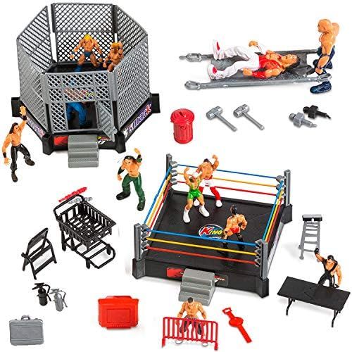  [아마존베스트]ToyVelt 32-Piece Wrestling Toys for Kids - WWE Wrestler Warriors Toys with Ring & Realistic Accessories - Fun Miniature Fighting Action Figures Includes 2 Rings - Great Gift for Bo