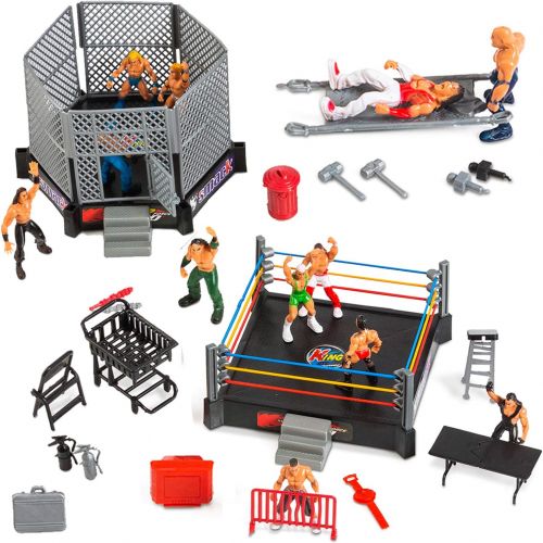  [아마존베스트]ToyVelt 32-Piece Wrestling Toys for Kids - WWE Wrestler Warriors Toys with Ring & Realistic Accessories - Fun Miniature Fighting Action Figures Includes 2 Rings - Great Gift for Bo