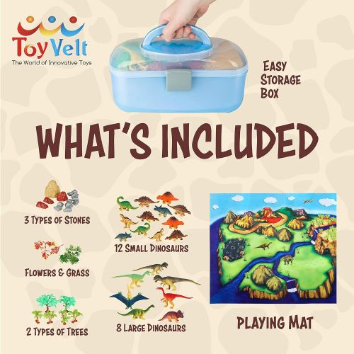  ToyVelt Dinosaur Play Set Dinosaur Toys Includes Dinosaur Figures, Trees, Rocks, PlayMat, And A Beautiful Container Create a Dino World Great Gift for Boys & Girls Ages 3,4,5,6, an