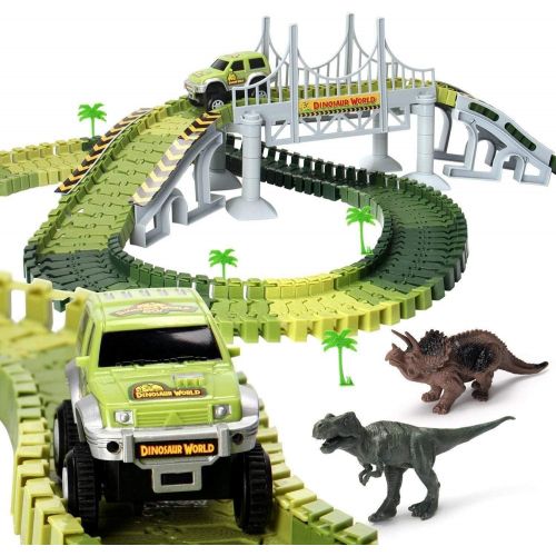  ToyVelt Dinosaur Toys Race Track Toy Set - Create A Dinosaur World Road Race,Flexible Track Playset - Includes 2 Cars and A Container Best Gift for Boys & Girls Ages 3,4,5,6, Years