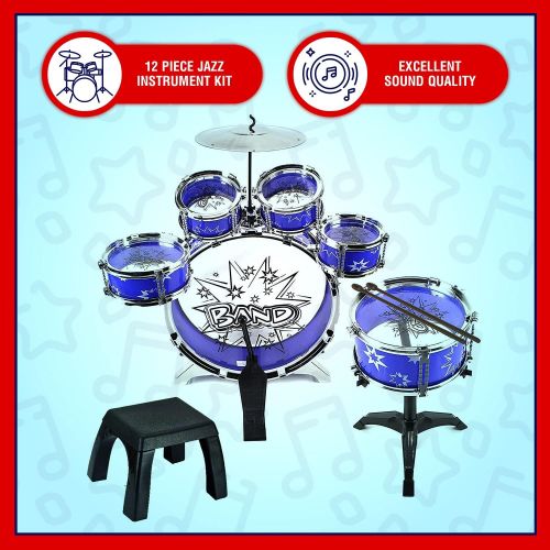  [아마존베스트]ToyVelt 12 Piece Kids Jazz Drum Set  6 Drums, Cymbal, Chair, Kick Pedal, 2 Drumsticks, Stool  Little Rockstar Kit to Stimulating Children’s Creativity, - Ideal Gift Toy for Kids, Teens,