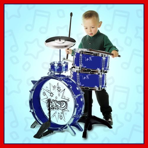  [아마존베스트]ToyVelt 12 Piece Kids Jazz Drum Set  6 Drums, Cymbal, Chair, Kick Pedal, 2 Drumsticks, Stool  Little Rockstar Kit to Stimulating Children’s Creativity, - Ideal Gift Toy for Kids, Teens,