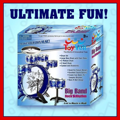  [아마존베스트]ToyVelt 12 Piece Kids Jazz Drum Set  6 Drums, Cymbal, Chair, Kick Pedal, 2 Drumsticks, Stool  Little Rockstar Kit to Stimulating Children’s Creativity, - Ideal Gift Toy for Kids, Teens,