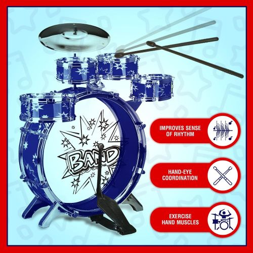  [아마존베스트]ToyVelt 12 Piece Kids Jazz Drum Set  6 Drums, Cymbal, Chair, Kick Pedal, 2 Drumsticks, Stool  Little Rockstar Kit to Stimulating Children’s Creativity, - Ideal Gift Toy for Kids, Teens,