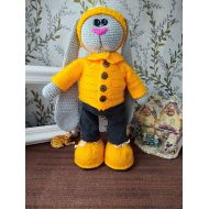 /Toyandgiftshop Handmade doll knitted doll amigurumi dolls Tilda knitted toy bunny knitted toy large rabbit in a cap in yellow clothes can be removed