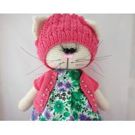 Toyandgiftshop Toy tilde cat. A gift for a child.handmade toys red riding hood in a dress mobile knitted toys