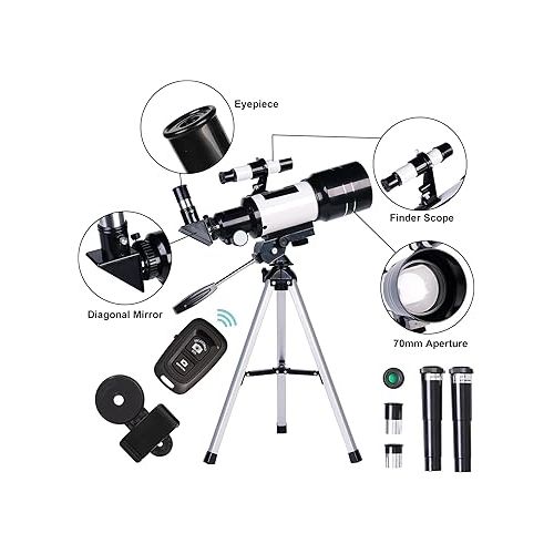  Telescope for Adults & Kids, 70mm Aperture Refractor Telescopes (15X-150X) for Astronomy Beginners, Portable Travel Telescope with Phone Adapter & Wireless Remote, Astronomy Gifts for Kids BLACK