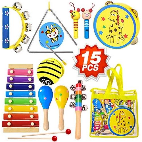  [아마존베스트]ToyerBee Musical Instruments Toys Set for Kids, 15PCS Wooden Percussion Instruments for Toddlers, Preschool& Educational Toy with StorageBag, Tambourine, Maracas, Castanets& More f