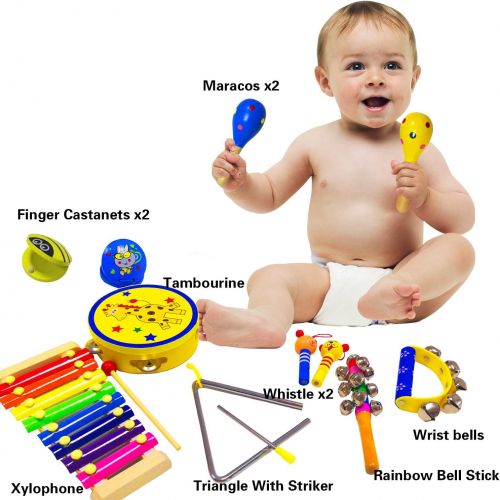  [아마존베스트]ToyerBee Musical Instruments Toys Set for Kids, 15PCS Wooden Percussion Instruments for Toddlers, Preschool& Educational Toy with StorageBag, Tambourine, Maracas, Castanets& More f