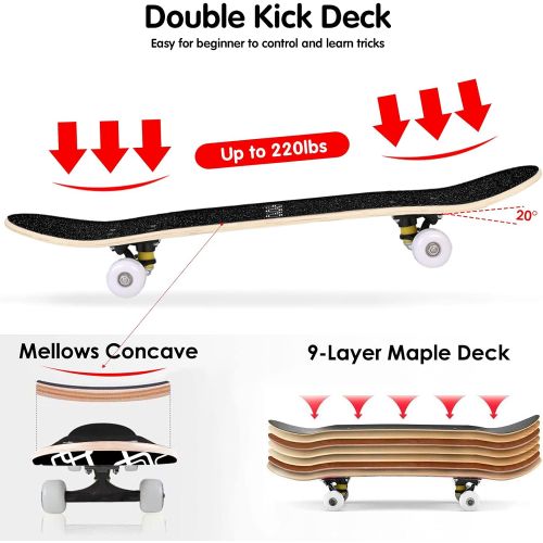  ToyerBee Skateboard, Skateboards for Beginners, Kids & Adults, Standard Skateboard 31” with Repair Kit for Teens / Boys / Girls, 9 Layer Canadian Maple Double Kick Pro Skateboard f