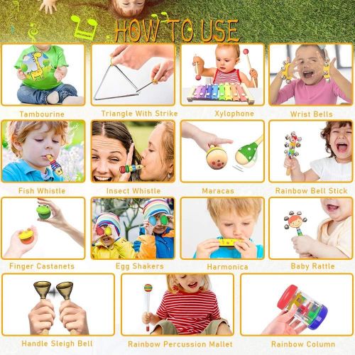  [아마존베스트]ToyerBee Musical Instruments Toys Set for Kids,26 PCS Wooden Percussion Instruments for Toddlers, Preschool& Educational Music Toy with Storage Bag for Children., Animal Tambourine