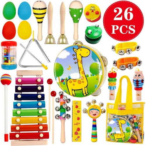  [아마존베스트]ToyerBee Musical Instruments Toys Set for Kids,26 PCS Wooden Percussion Instruments for Toddlers, Preschool& Educational Music Toy with Storage Bag for Children., Animal Tambourine