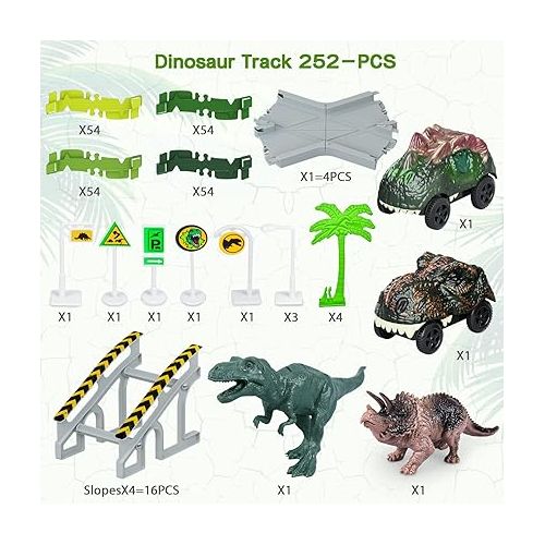  Dinosaur Toys, 252 PCS Create A Dinosaur World Road Race Tracks, Flexible Track Playset, 2pcs Dinosaur Car for 3 4 5 6 Year Old Boys Girls Best Gift